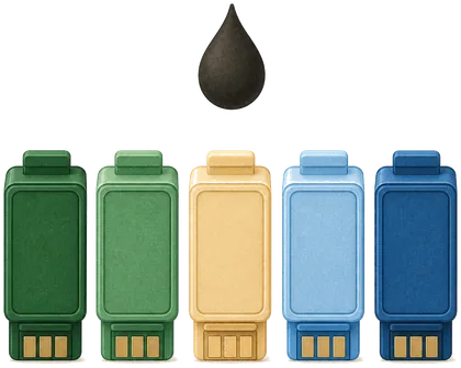 Illustration of a row of ink cartridges in greens, blues and sand with an ink droplet above them