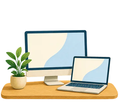 Illustration of a new desktop computer and laptop set up on a wooden desk beside a potted plant