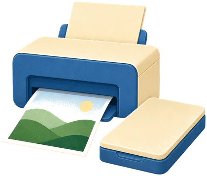 Illustration of a home printer producing a picture of green hills, with a flatbed scanner beside it