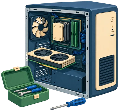 Illustration of a computer tower opened for repair, with a new part being fitted and a toolbox alongside