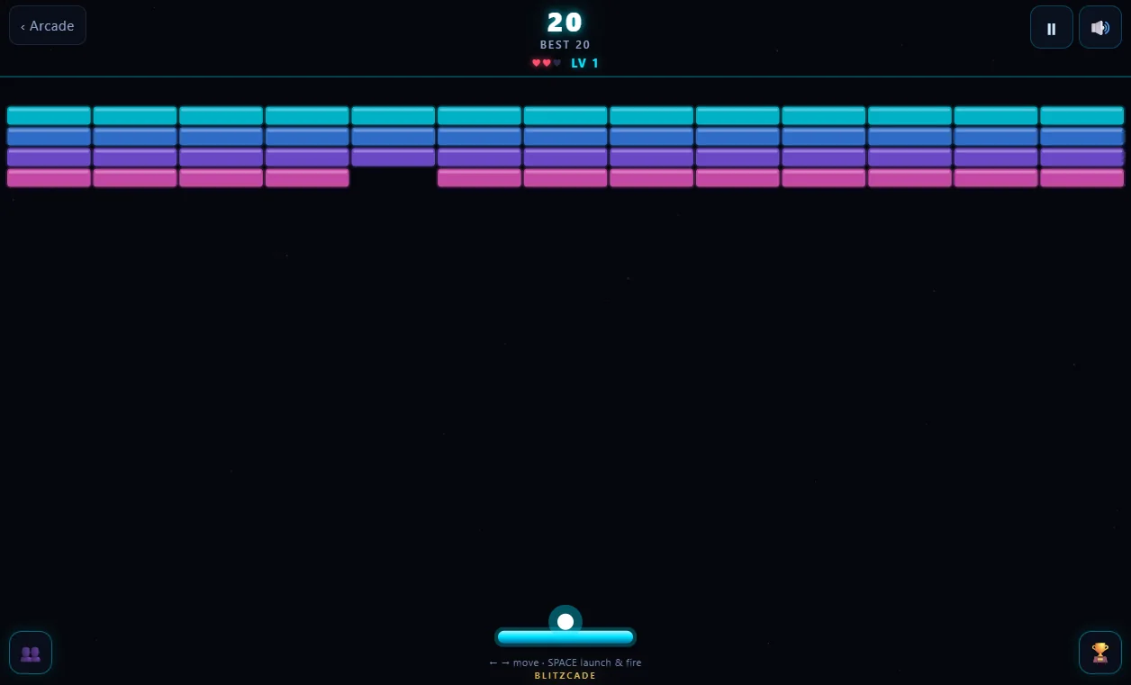 Neon Breaker in play: rows of glowing bricks, a paddle and ball, with the score and lives across the top