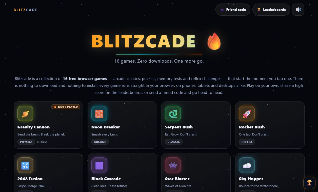 The Blitzcade home page: a glowing neon wordmark, the line &ldquo;16 games. Zero downloads. One more go.&rdquo; and a grid of game cards