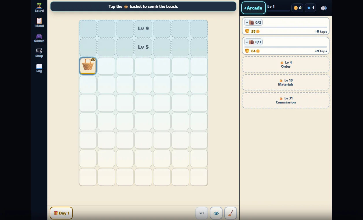 Merge Isle in play: a warm, light merge-puzzle board with orders, levels and an island theme, a complete change of mood from the arcade games