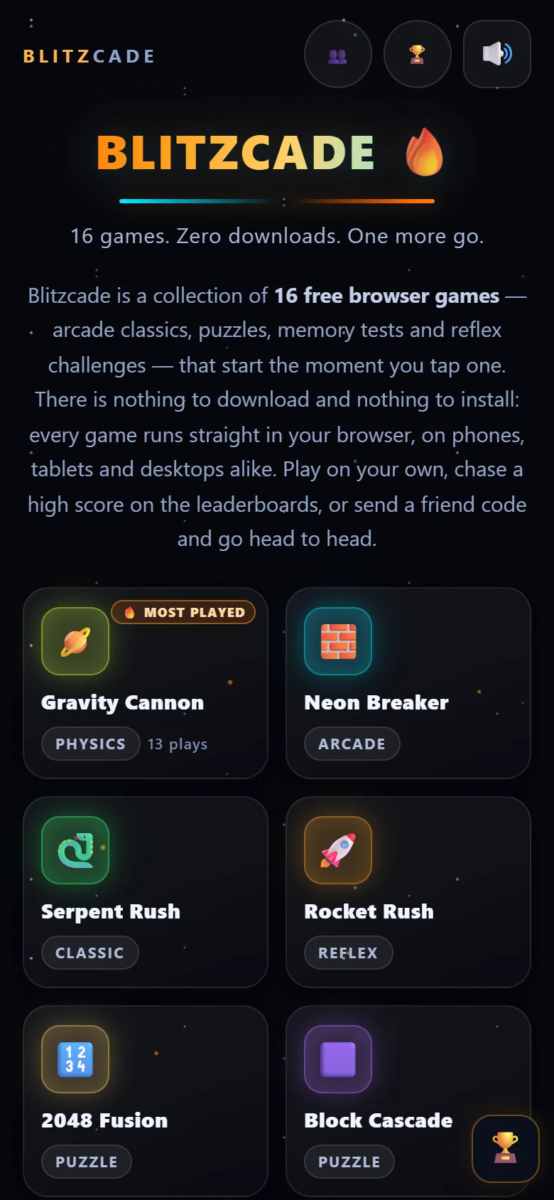 The Blitzcade arcade on a phone, with the game cards stacked for a small screen