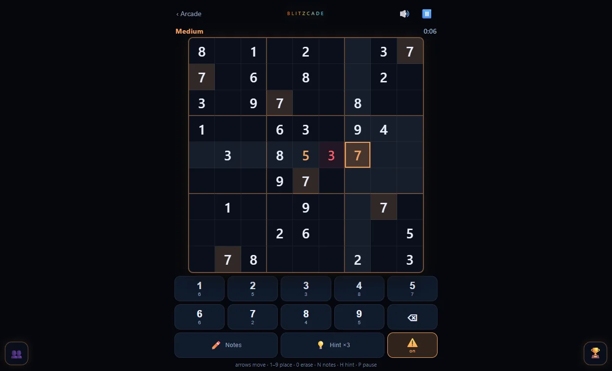 Sudoku in play on medium difficulty, with a part-filled grid, a number pad, pencil notes and hints