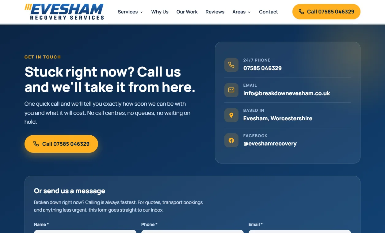 The contact section, &ldquo;Stuck right now? Call us and we'll take it from here&rdquo;, with the phone number, email and an enquiry form