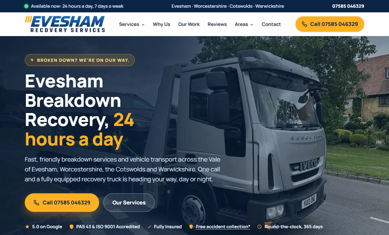 The Evesham Recovery Services home page: a recovery truck photograph behind the headline &ldquo;Evesham Breakdown Recovery, 24 hours a day&rdquo; and a call button