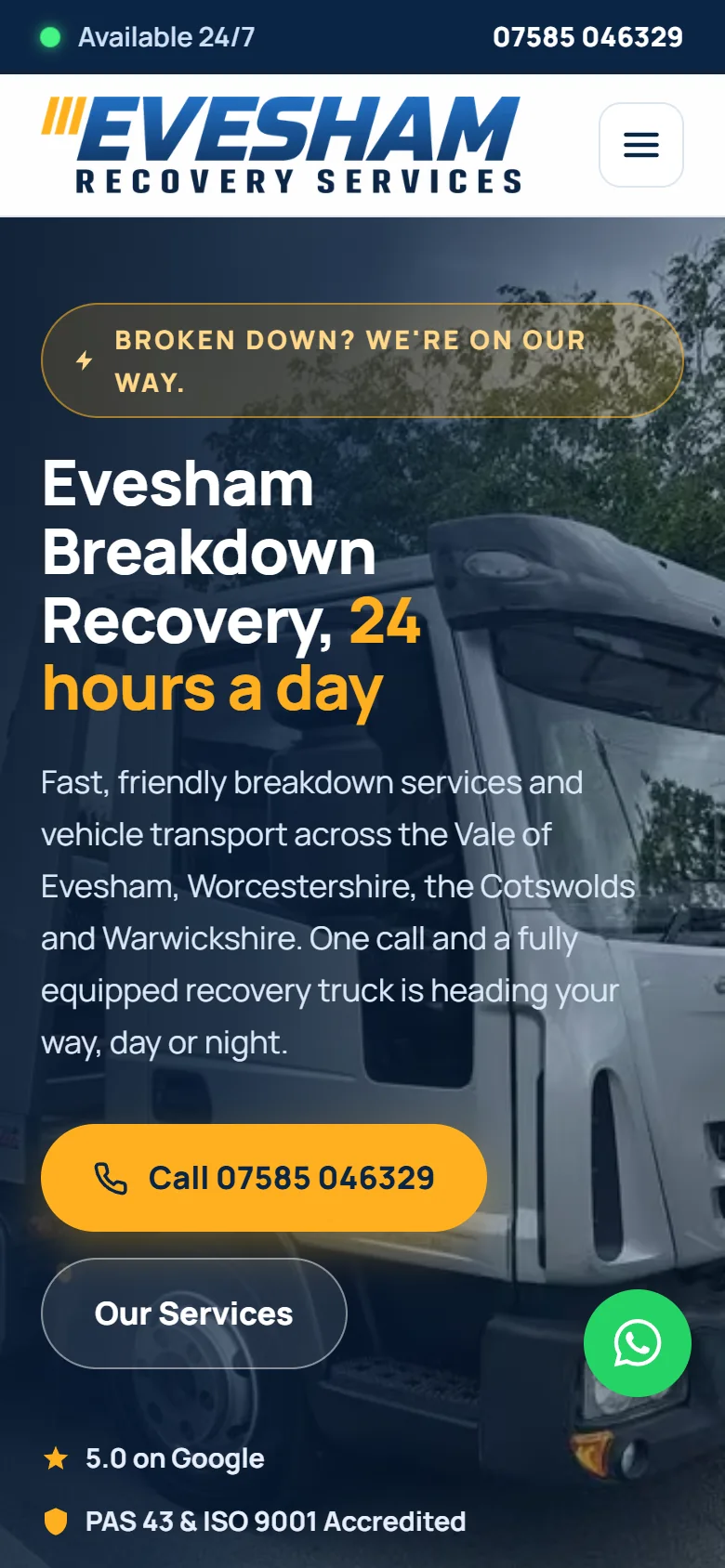 The Evesham Recovery Services home page on a phone, with a full-width call button