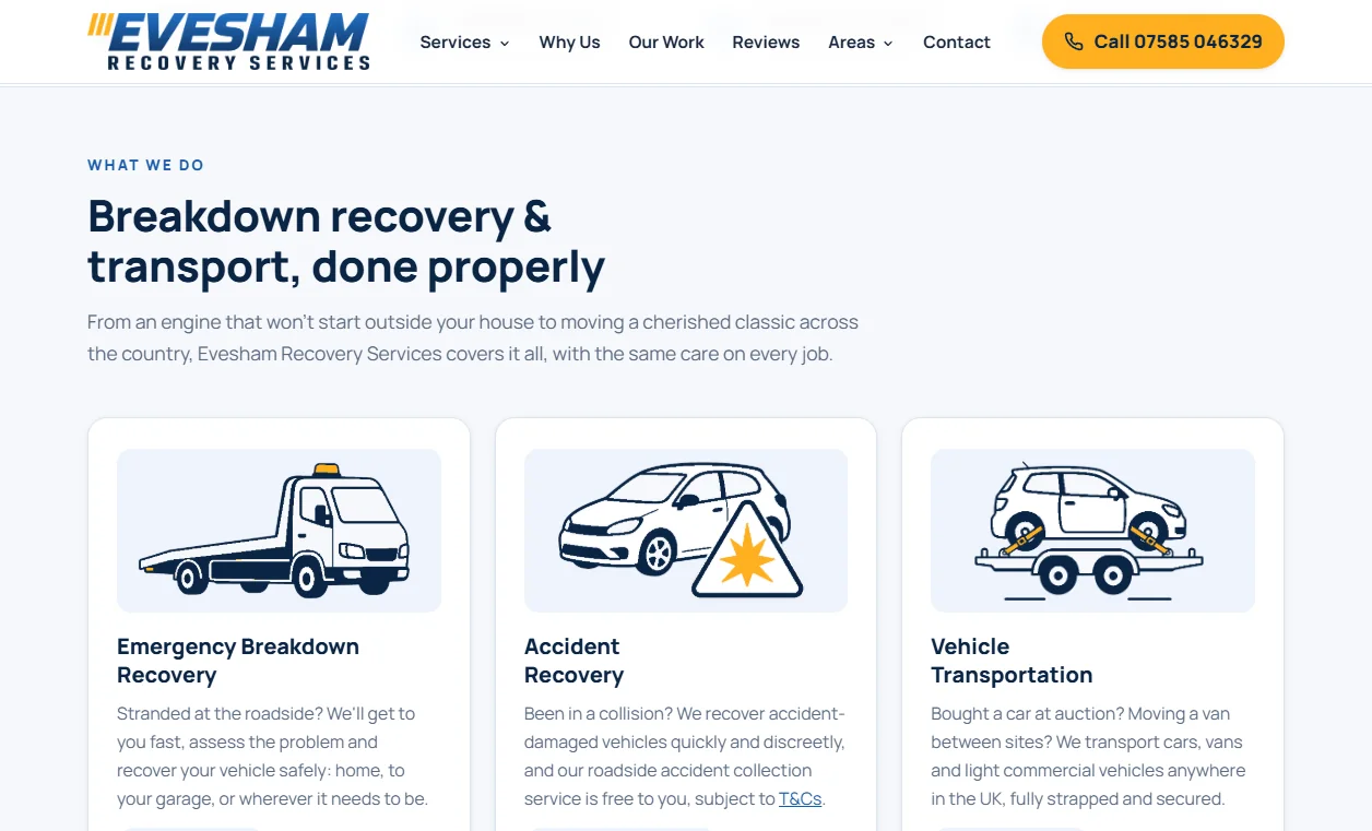 The services section, &ldquo;Breakdown recovery and transport, done properly&rdquo;, with a card for each of the six services