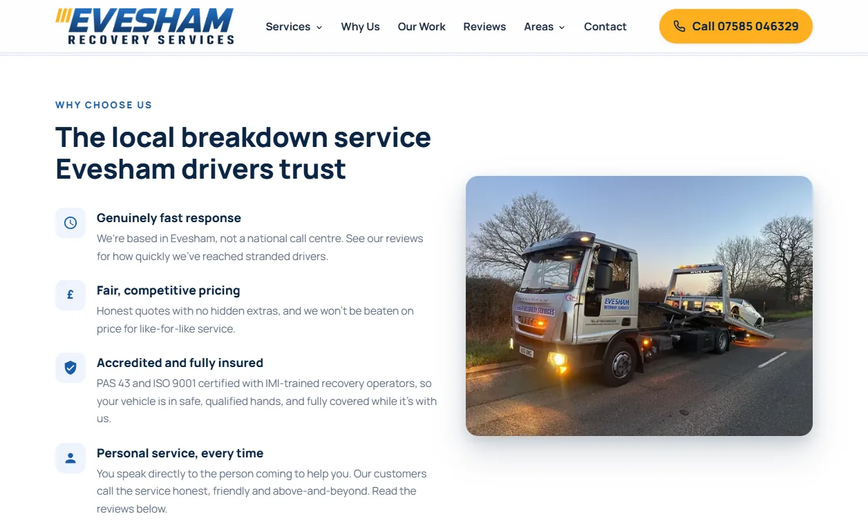 The why-choose-us section, setting out fast local response, fair pricing, accreditations and personal service