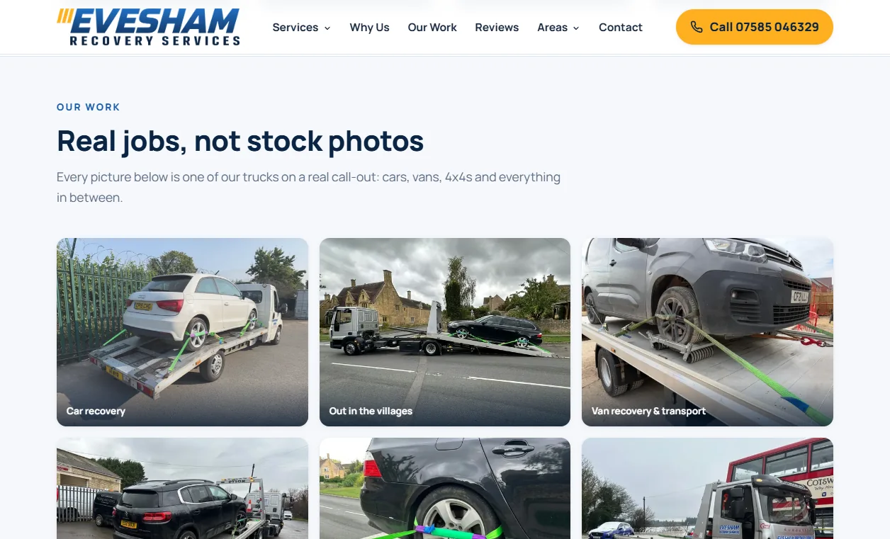 The our-work gallery, &ldquo;Real jobs, not stock photos&rdquo;, showing the firm's own trucks on real call-outs