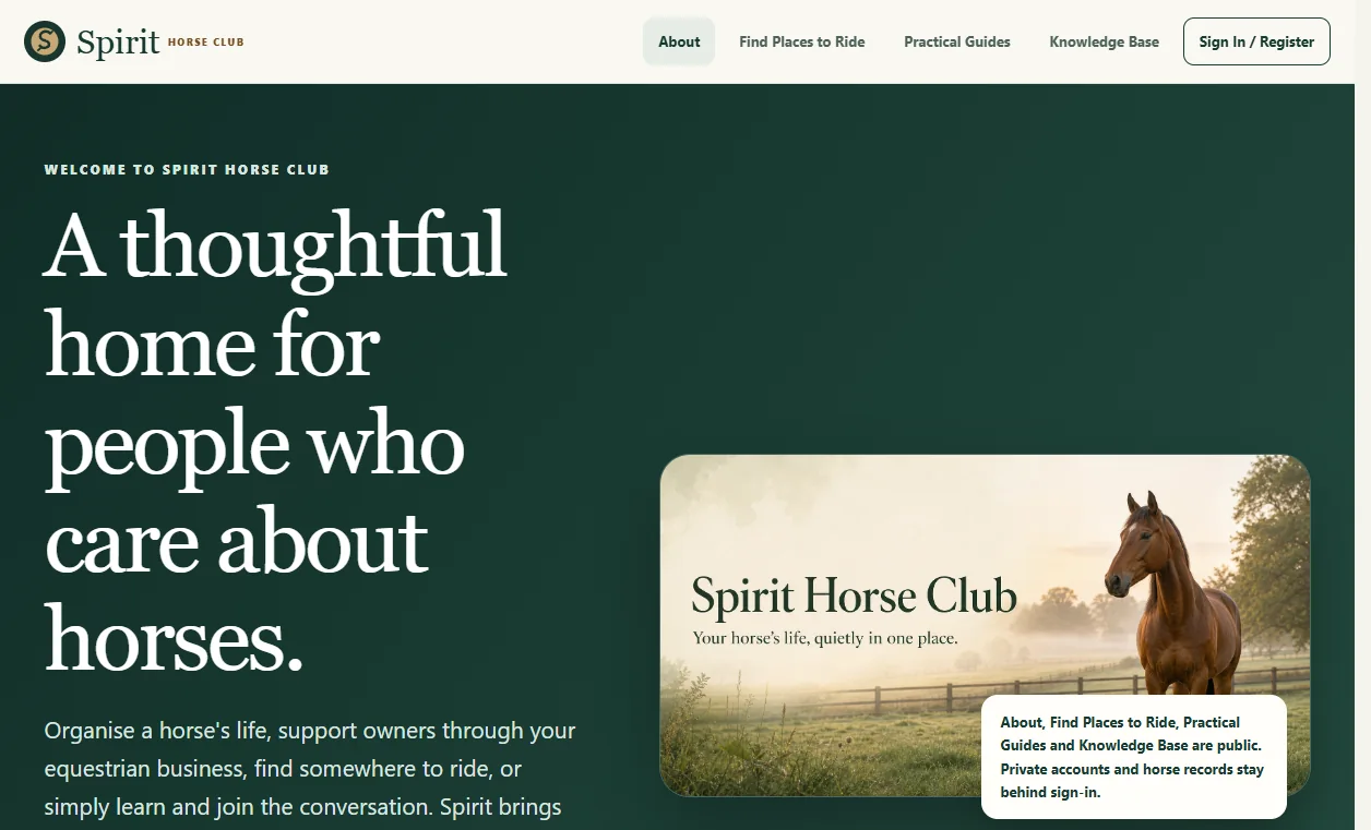 The Spirit Horse Club home page with the headline &ldquo;A thoughtful home for people who care about horses&rdquo;