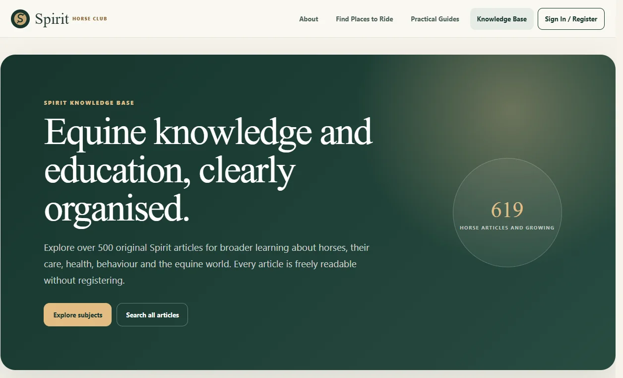 The Knowledge Base page: &ldquo;Equine knowledge and education, clearly organised&rdquo;