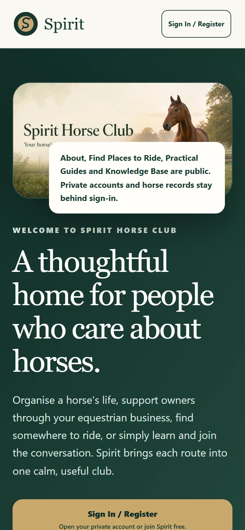 The Spirit Horse Club home page on a phone, with the layout rearranged for a small screen