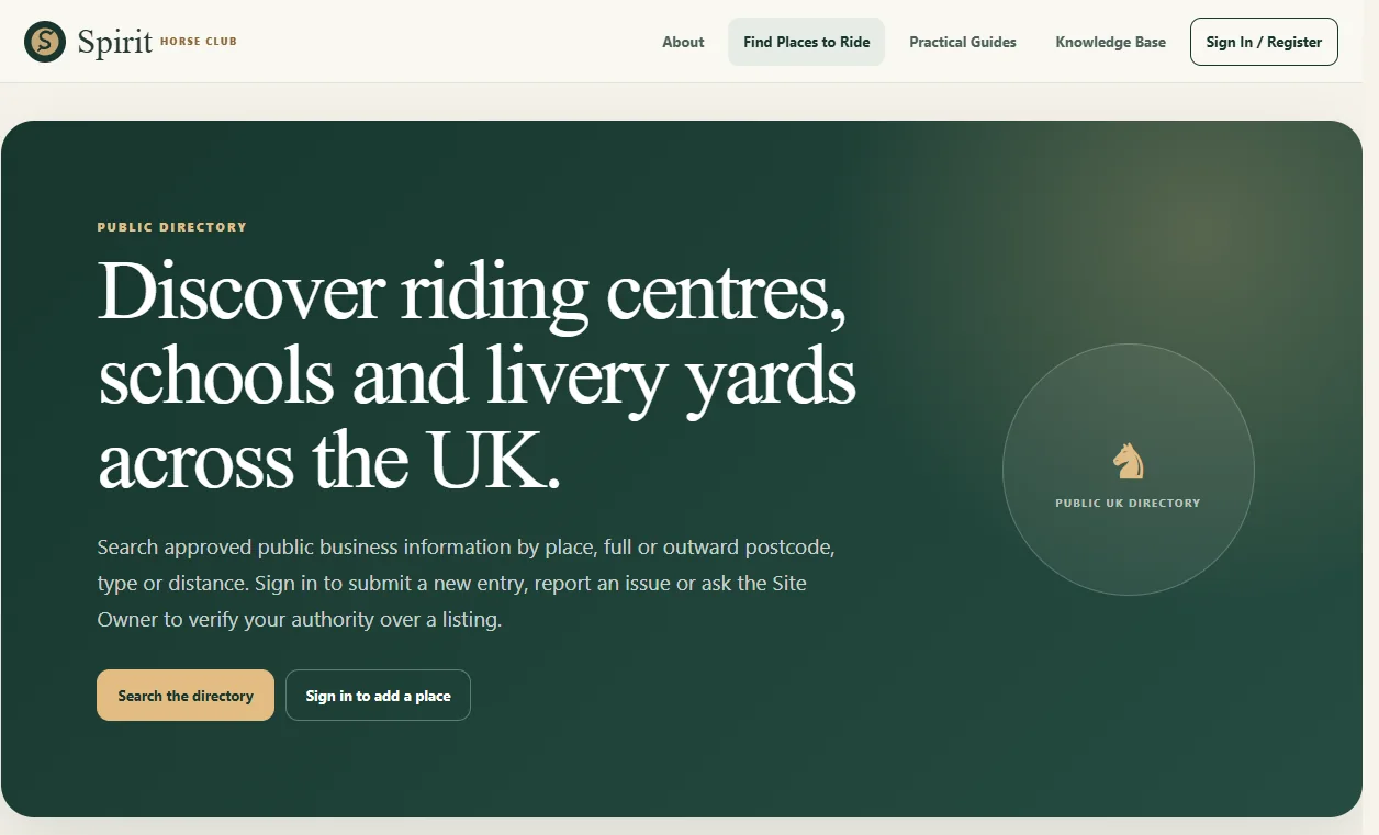 The Find Places to Ride page: &ldquo;Discover riding centres, schools and livery yards across the UK&rdquo;